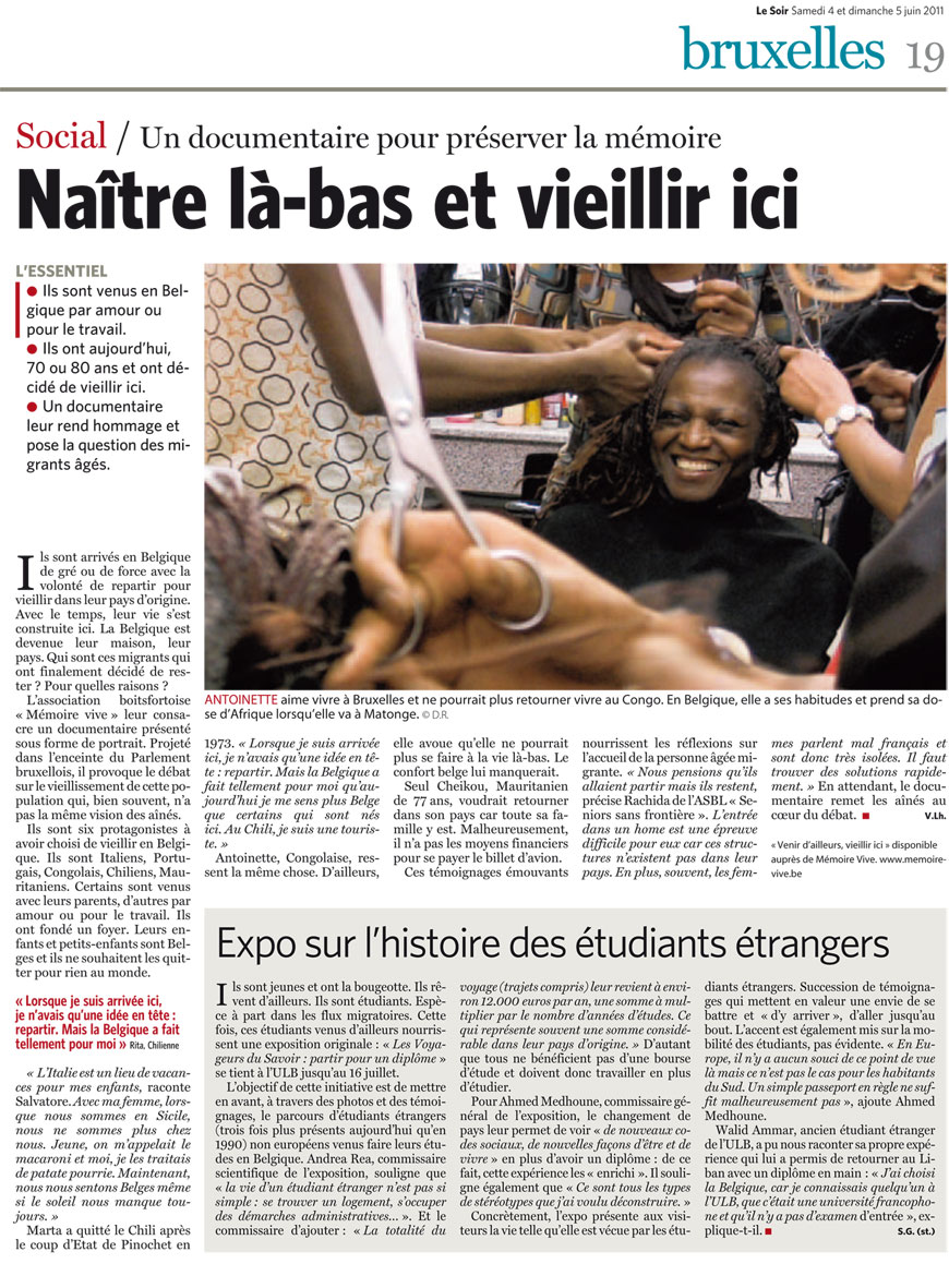 article consacré à Mémoire Vive dans le journal Le Soir de Juin 2011