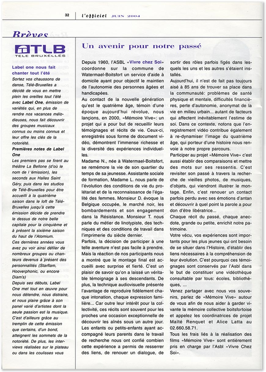 article consacré à Mémoire Vive dans le périodique « l'Officiel» de juin 2004